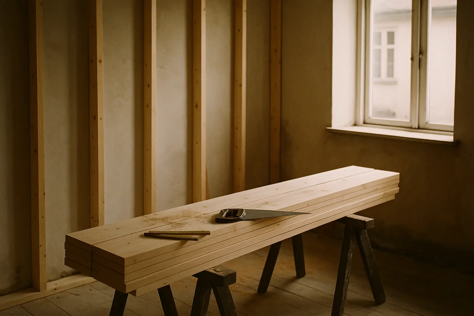 Nyt træskelet og bukke med en planke i et rum under renovering